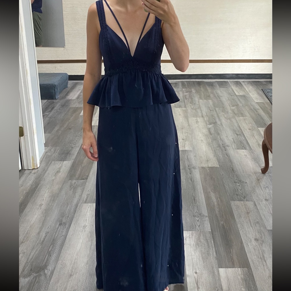 Bcbgmaxazria Navy Deep-V Peplum Wide-Leg Jumpsuit